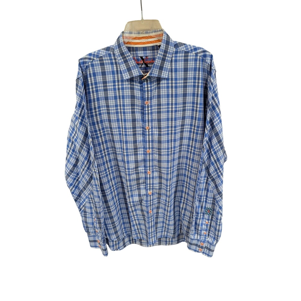 Robert Graham Button Down Shirt Mens 2XL Blue Plaid Tailored Fit Excellent